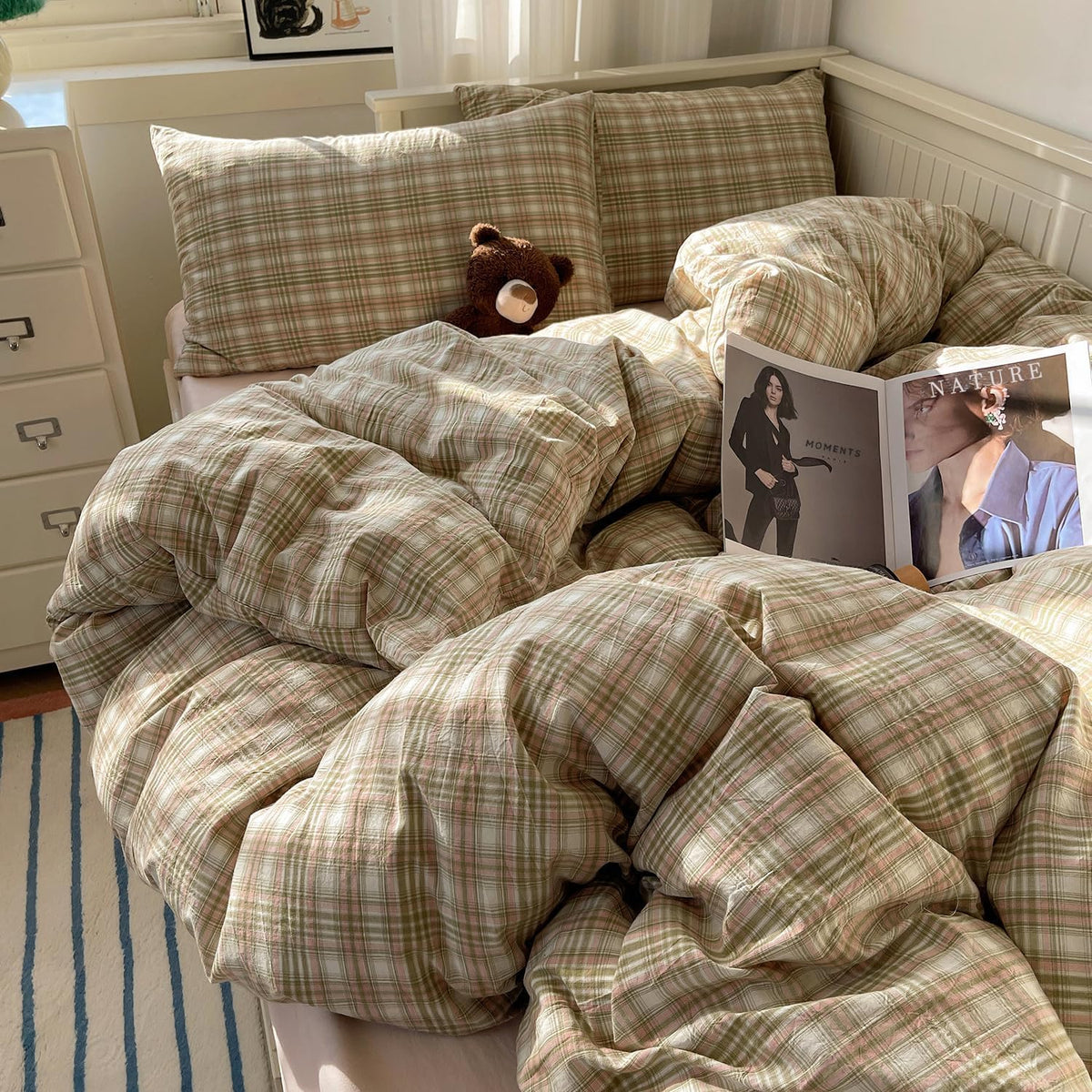mixinni Vintage Buffalo Plaid Duvet Cover Set Queen Size - 3 Piece Washed Cotton Bedding Set with Grid Pattern, Soft & Breathable Duvet Cover with Pillowcases for All Seasons,(Brown & Blue,Beige)