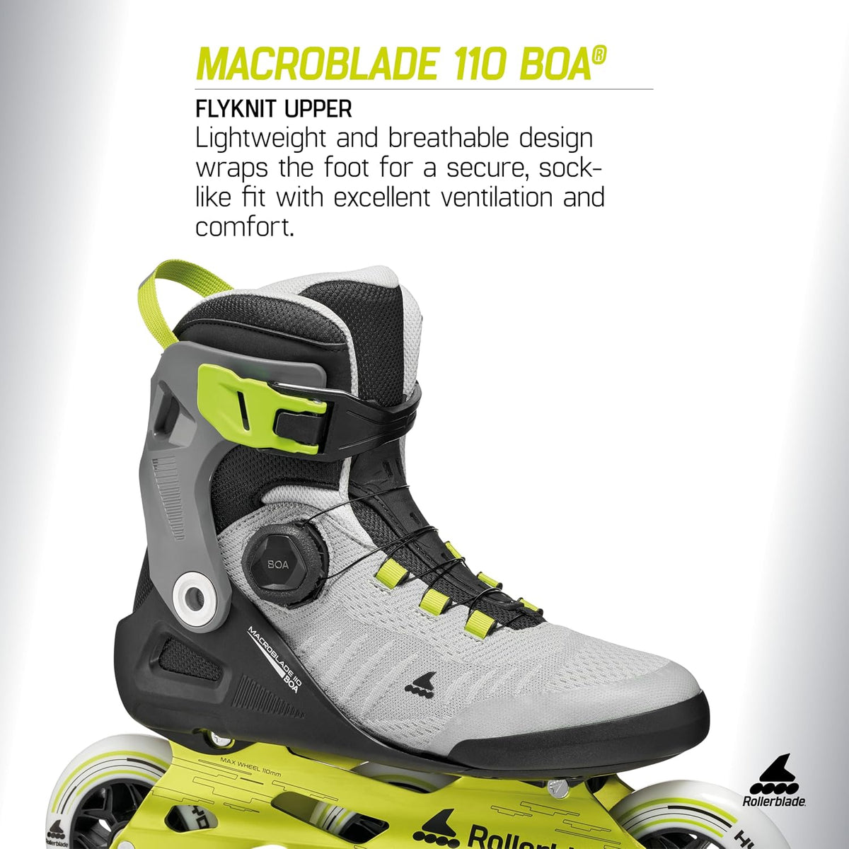 Rollerblade Macroblade 110 BOA® Unisex Adult Fitness Inline Skate, Black/Grey/Lime, Performance Inline Skates