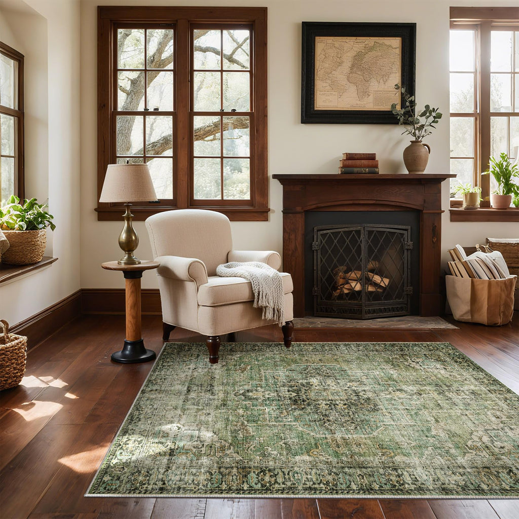 Washable Area Rugs for Living Room: 9x12 Bedroom Rug Boho Vintage Area Rug Stain Resistant Non Slip Low Pile Lightweight Soft Carpets for Dining Room Kitchen Nursery Kids Room Playroom Home Office