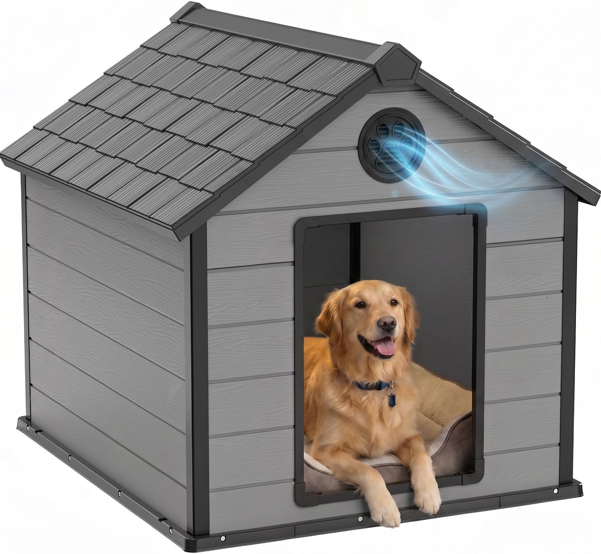 35 Inch Dog House Outdoor with Windows,Indoor/Outdoor,Blue