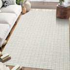 Modern Washable 8x10 Area Rug - Soft, Non-Slip, Stain Resistant, Farmhouse Tartan Plaid for Living Room, Bedroom, Nursery, Office - Beige