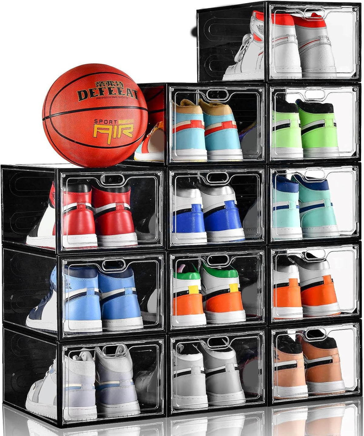 INSTY 12 Pack Large Shoe Storage Box, Clear Shoe Storage Organizer with Magnetic Door, Stackable,Shoe Containers For Display Sneakers, Easy Assembly, Fit up to US Size 12, Black