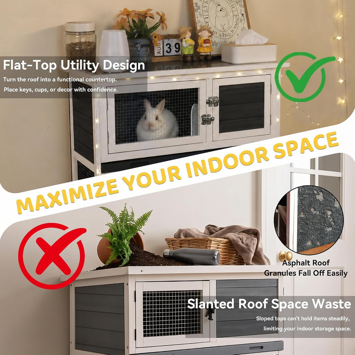 2-Story Indoor Rabbit Hutch with Flat-Top Metal Roof, Wheels & Dual Trays