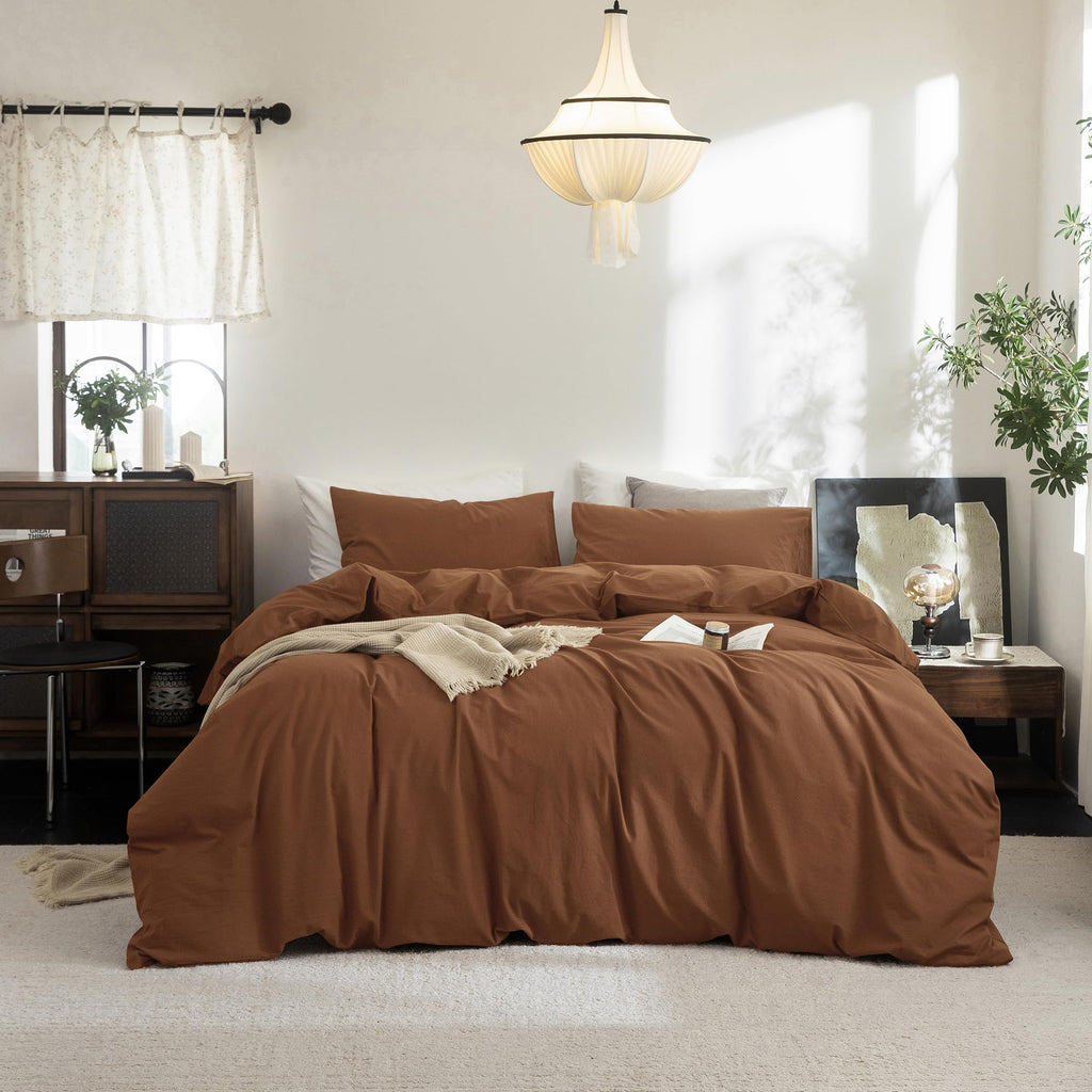 FOSSA Duvet Cover Set 100% Washed Cotton Linen Feel Queen