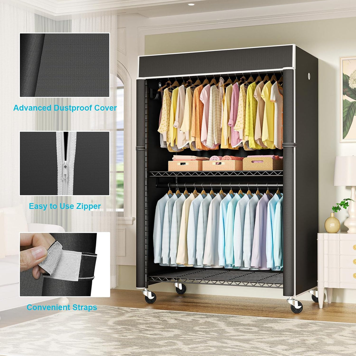 FUTASSI Black Clothing Rack with Black Cover, P1C Plus Rolling Closet
