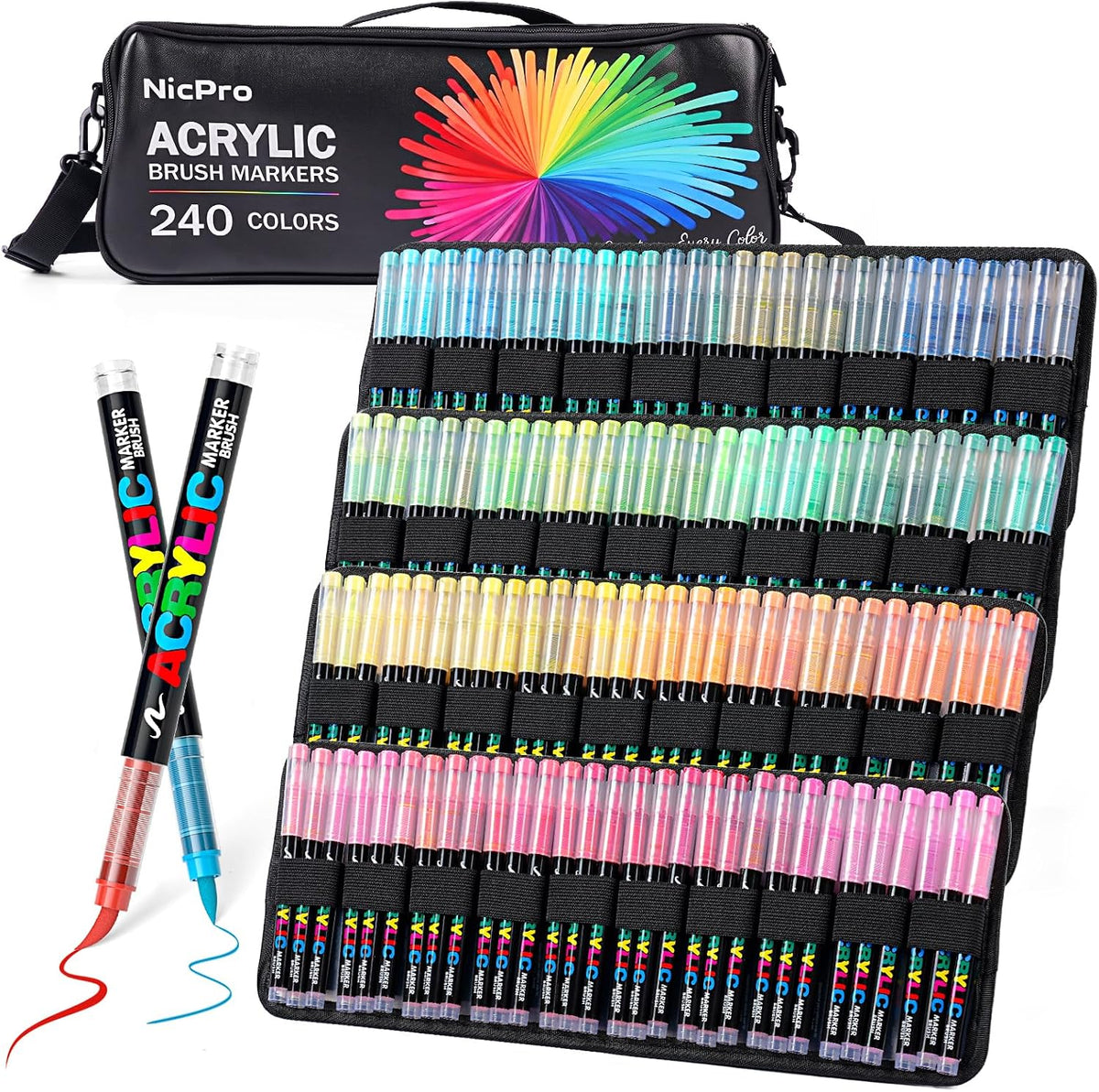 Nicpro 240 Colors Acrylic Paint Markers, Brush Tip Paint Pens with Automatic Ink Control & Carrying Bag, Quick-Drying Acrylic Markers Set for Rock, Wood, Glass, Fabric, Models, 3D Prints & Crafts