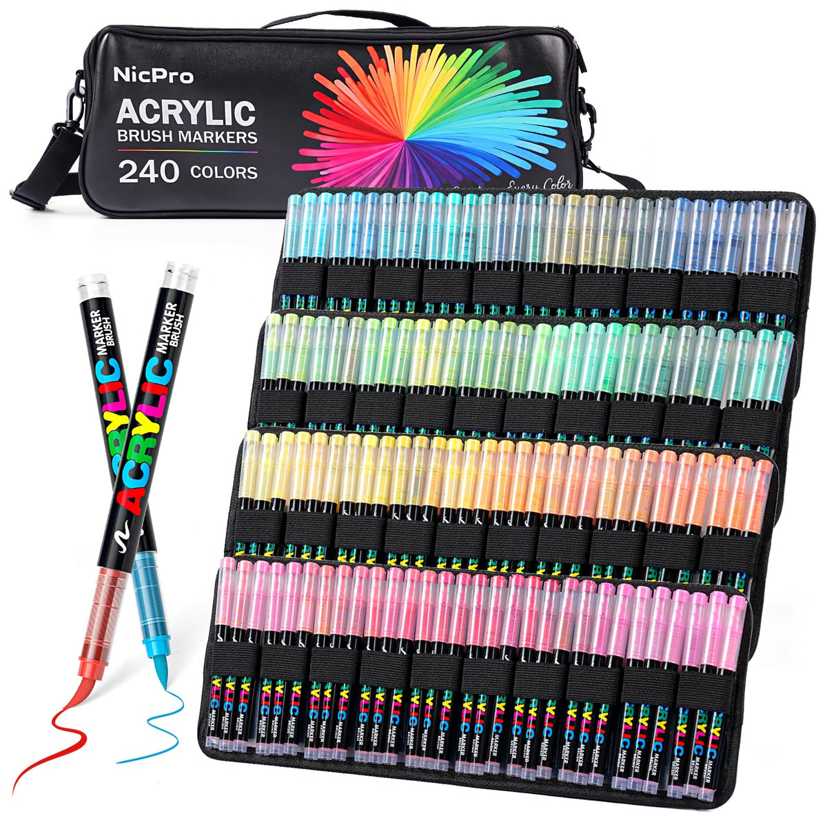 Nicpro 240 Colors Acrylic Paint Markers, Brush Tip Paint Pens with Automatic Ink Control & Carrying Bag, Quick-Drying Acrylic Markers Set for Rock, Wood, Glass, Fabric, Models, 3D Prints & Crafts