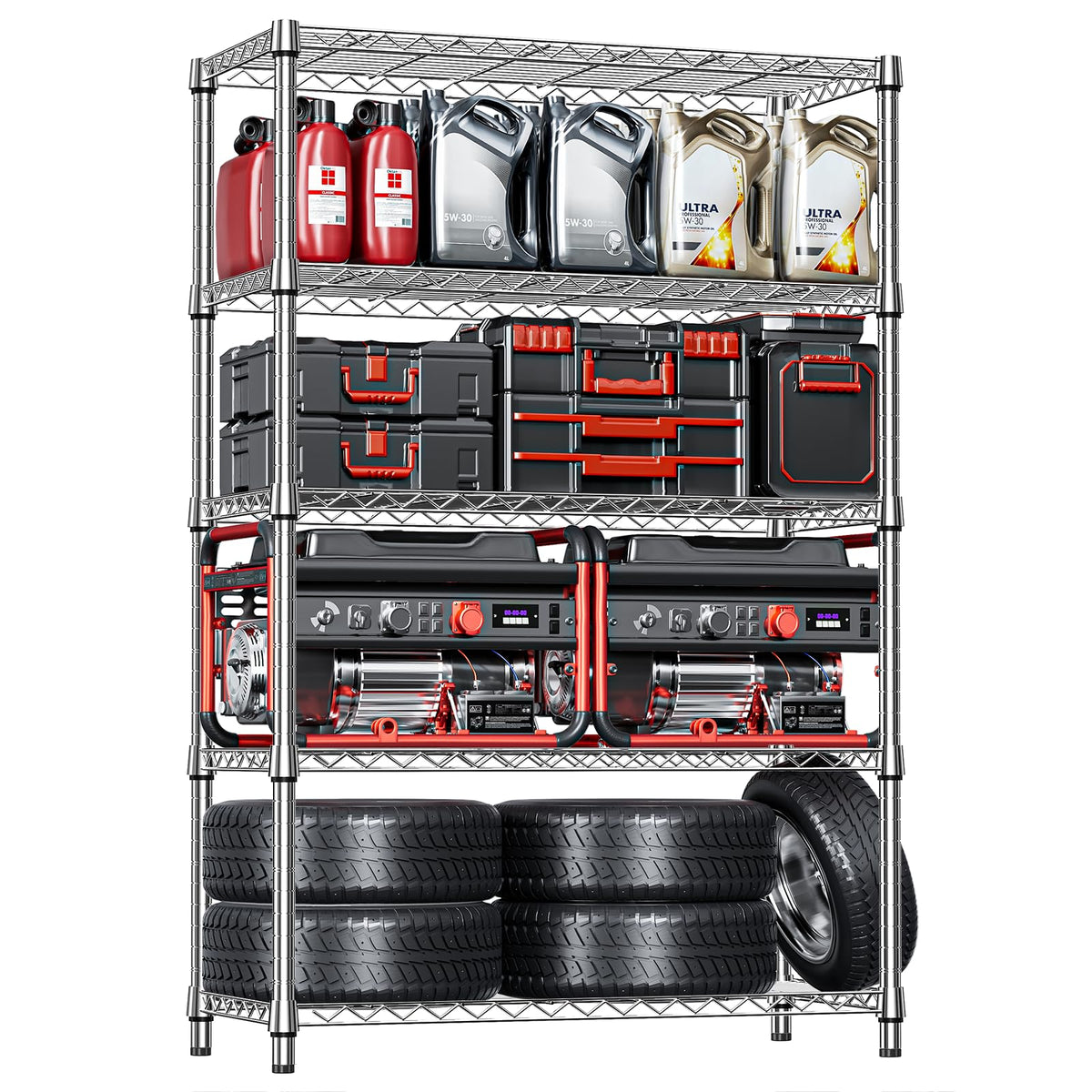 IZEUK 5-Tier Adjustable Heavy Duty Steel Wire Shelving Unit with Wheels, Storage Rack Organizer for Garage, Kitchen, Office, Laundry, Basement (Black, 17.7" D x 47.2" W x 76.7" H, 1750 lbs Capacity)