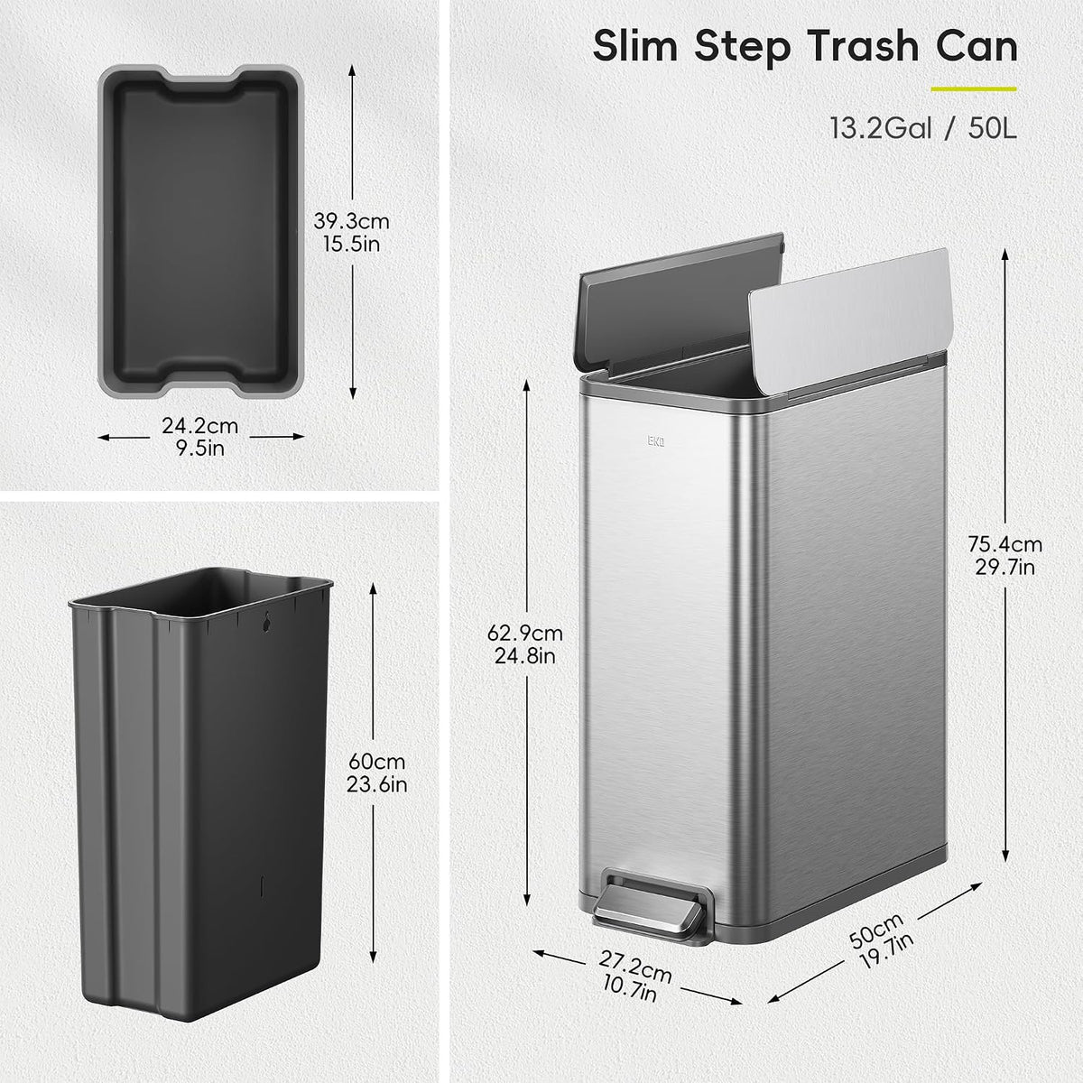EKO X-Wing 50L / 13.2 Gallon Slim Step Trash Can, Stainless Steel Kitchen Garbage Bin with Dual Wing Lid, Soft Close, Removable Inner Bucket for Kitchen or Home