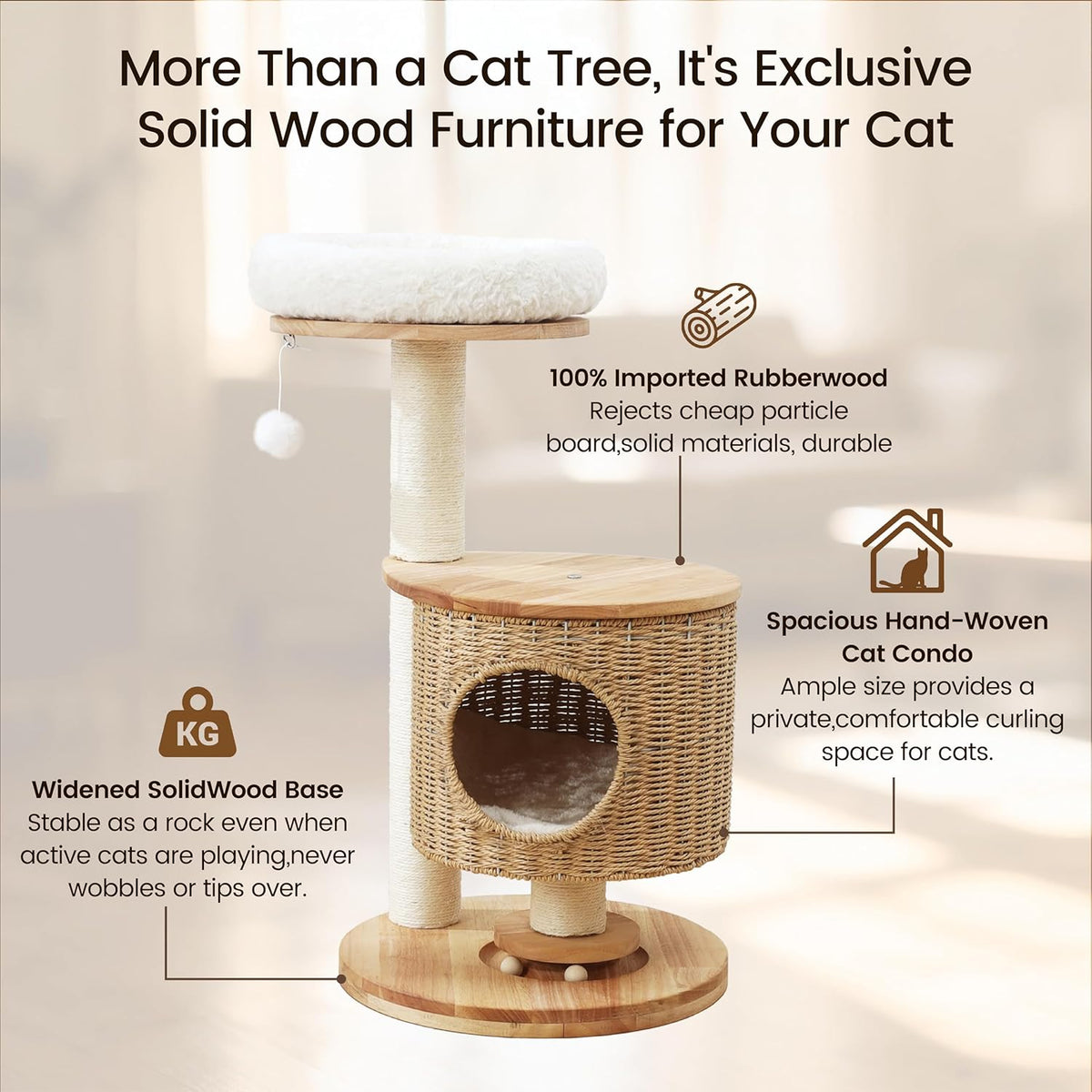 Zonoria 30-Inch Solid Wood Cat Tree Tower for Small to Medium Cats