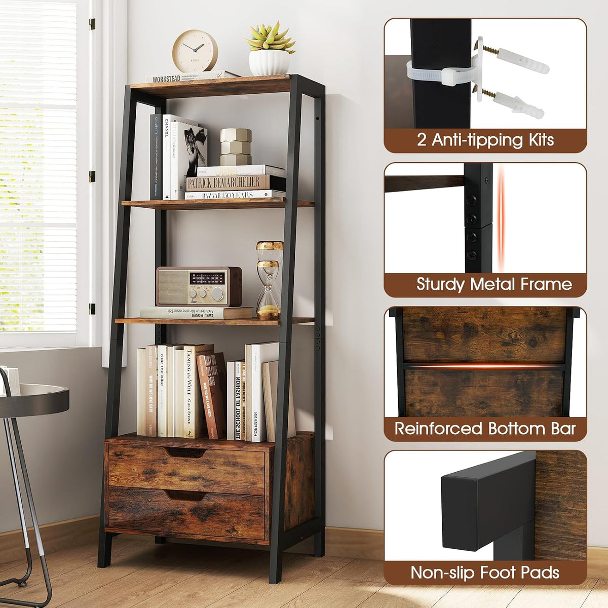 GIANTEX 4-Tier Bookshelf with 2 Drawers Set of 2, Modern Ladder Bookshelf w/Storage, Sturdy Metal Frame, Anti-toppling Devices, Display Standing Shelf Unit, Freestanding Bookcase, Rustic Brown