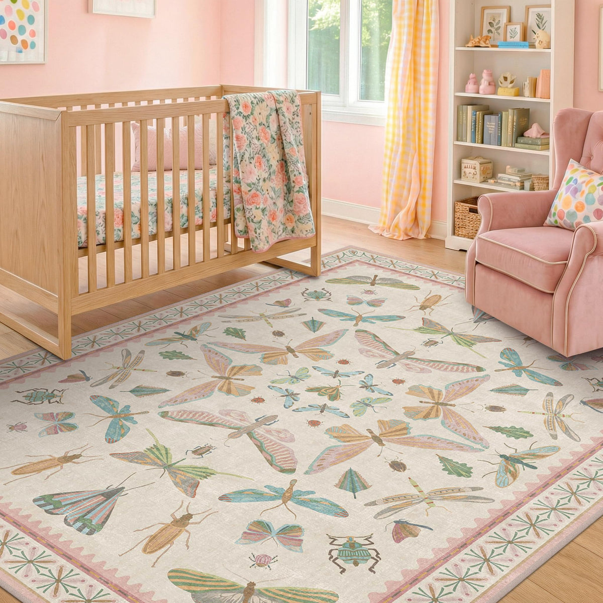 Hazo Haus Dark Green Insect Area Rugs 8x10 for Living Room, Dining Room Under Table, Bedroom, Unique Washable Floral Non Slip Low Pile Soft Rug