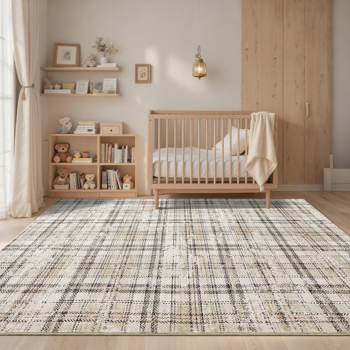 Modern Washable 8x10 Area Rug - Soft, Non-Slip, Stain Resistant, Farmhouse Tartan Plaid for Living Room, Bedroom, Nursery, Office - Beige