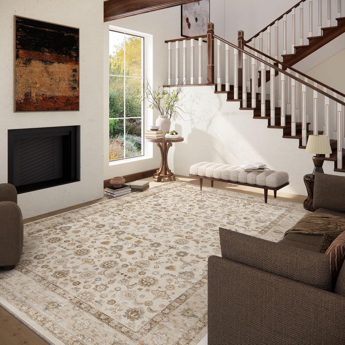 Washable Area Rugs for Living Room: 9x12 Bedroom Rug Boho Vintage Area Rug Stain Resistant Non Slip Low Pile Lightweight Soft Carpets for Dining Room Kitchen Nursery Kids Room Playroom Home Office