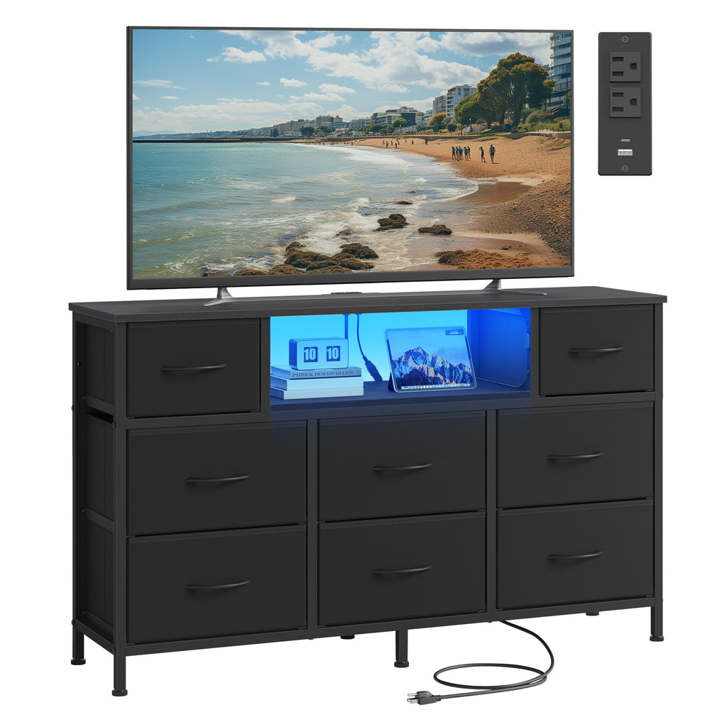 SONGMICS Dresser for Bedroom with Outlets & LED Lights, 8 Fabric Drawers