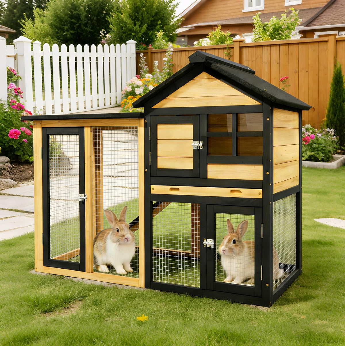 Outdoor Rabbit Hutch with Chew-Proof,2-Story Bunny Cage with Pull-Out Leak Proof Tray and Waterproof Roof,Indoor Rabbit Cage with Lockable Doors for Guinea Pigs,Small Pets