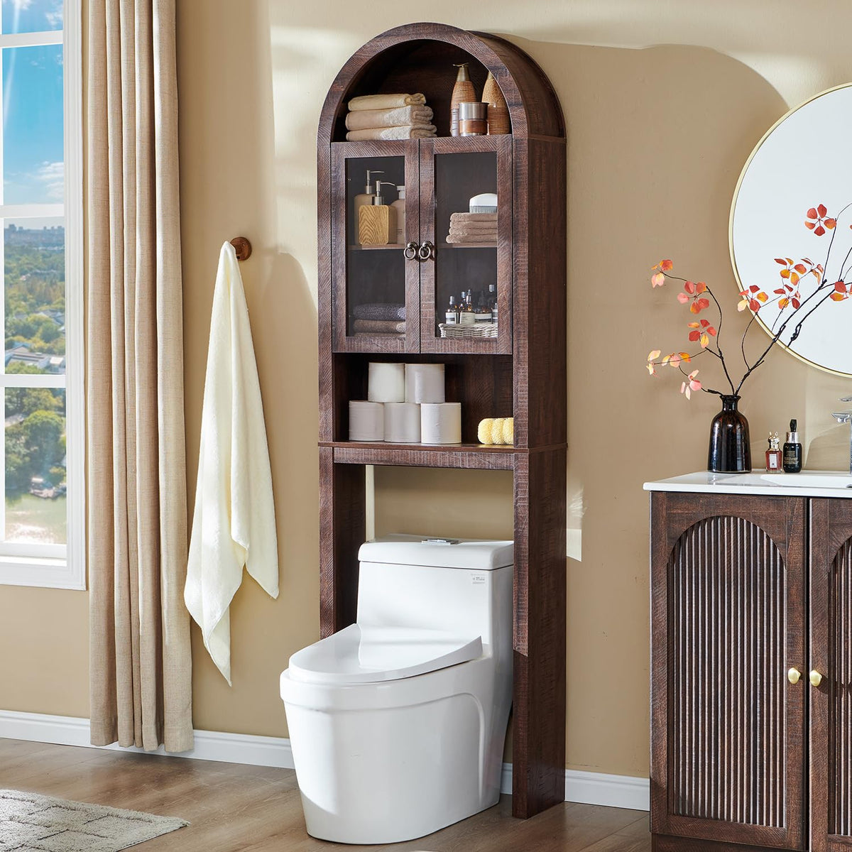 IFGET Arched Over The Toilet Storage Cabinet with Acrylic Doors,Natural Oak
