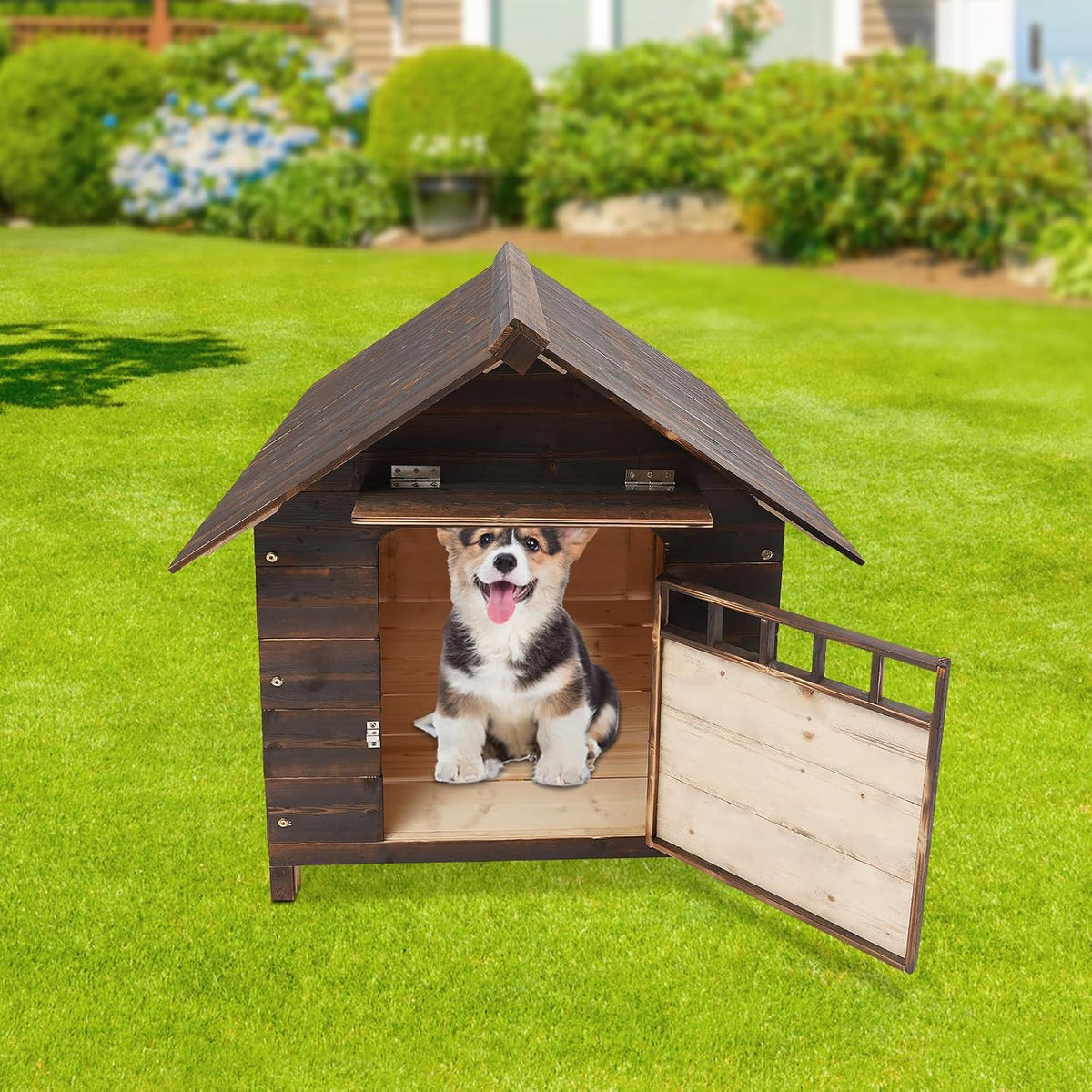 Wooden Dog House, Medium Dogs Outdoor & Indoor Dog House with Weatherproof Sealer, with Double Window for Beagle, Poodle, Cocker – 30.31 x 34.65 x 31.89 in