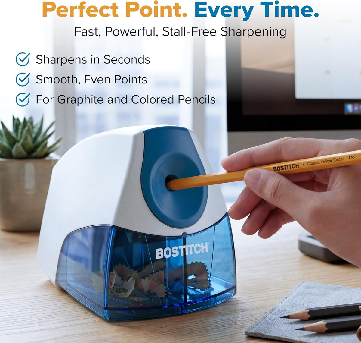Bostitch Office Electric Pencil Sharpener for Classroom & Desk Use, Heavy-Duty Stall-Free Motor, High-Capacity Shavings Tray, Blue (Pack of 6)