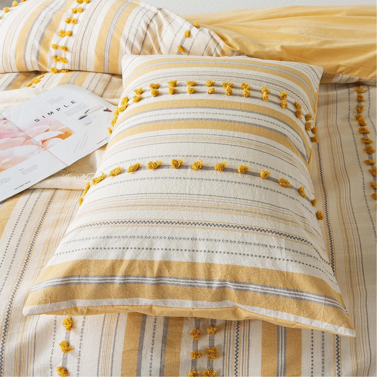 Washed Cotton Queen Size Duvet Cover Set - Tufted Dots Boho Chic Bedding for All Seasons, Striped Pom Pom Bedding Linen Like Textured Breathable Durable Soft Comfy (Yellow, 90x90'')