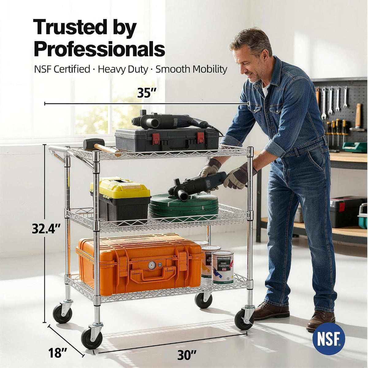 Finnhomy 3 Tier Heavy Duty Commercial Grade Utility Cart, Wire Rolling Cart with Handle Bar, Steel Service Cart with Wheels, Utility Shelf Plant Display Shelf Food Storage Trolley, NSF Listed