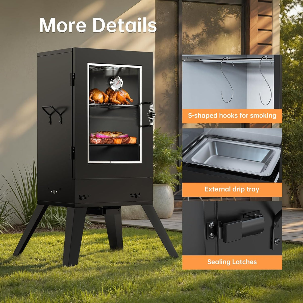 30-inch Electric Vertical BBQ Smoker with Temperature Control, 3 Cooking Grates, Water & Wood Trays, Leg Kit, 725 sq in for Outdoor Backyard, Black