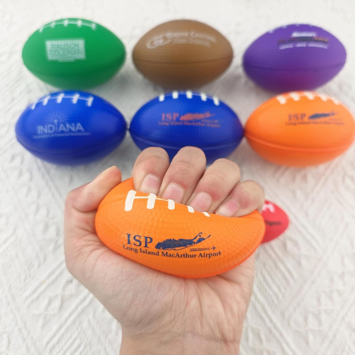 Custom Football Grip Strengthener with Logo–PU Foam Squeeze Ball for Stress Relief,Hand Exercise & Office Fidget.