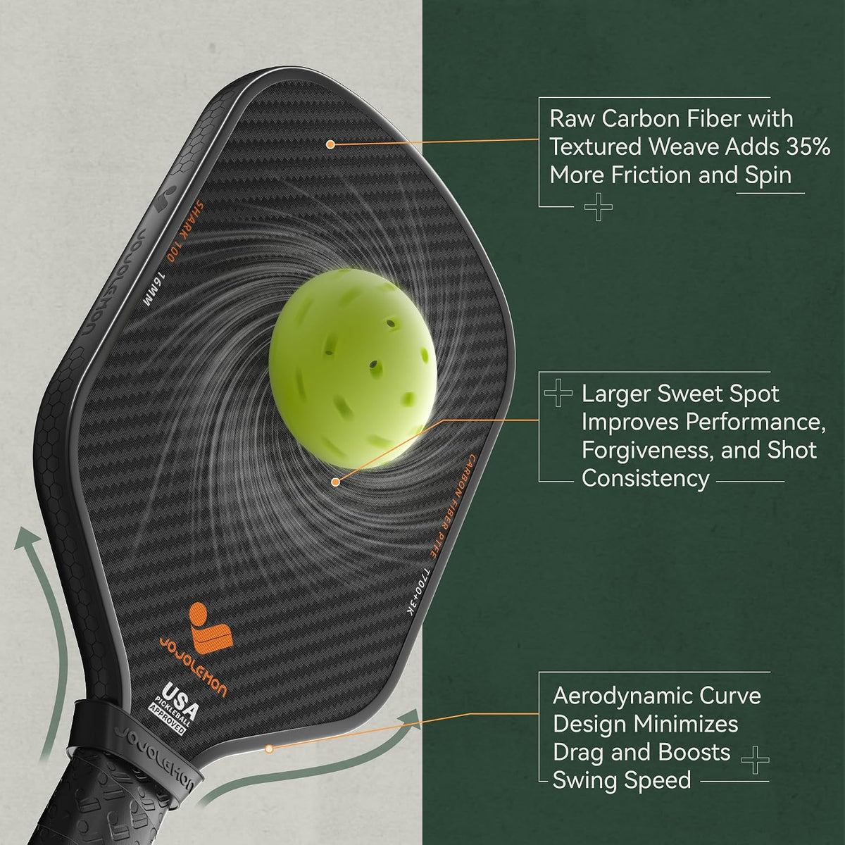 JOJOLEMON Pickleball Paddles, Carbon Fiber Pickleball Paddle with a 16mm Shark Power Polymer Core, The Pickleball Rackets Designed for Ultimate Spin & Consistency