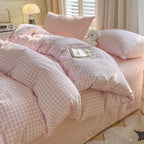 Plaid Duvet Cover Set Washed Cotton,Queen(90"x90"),Multicolor Gingham