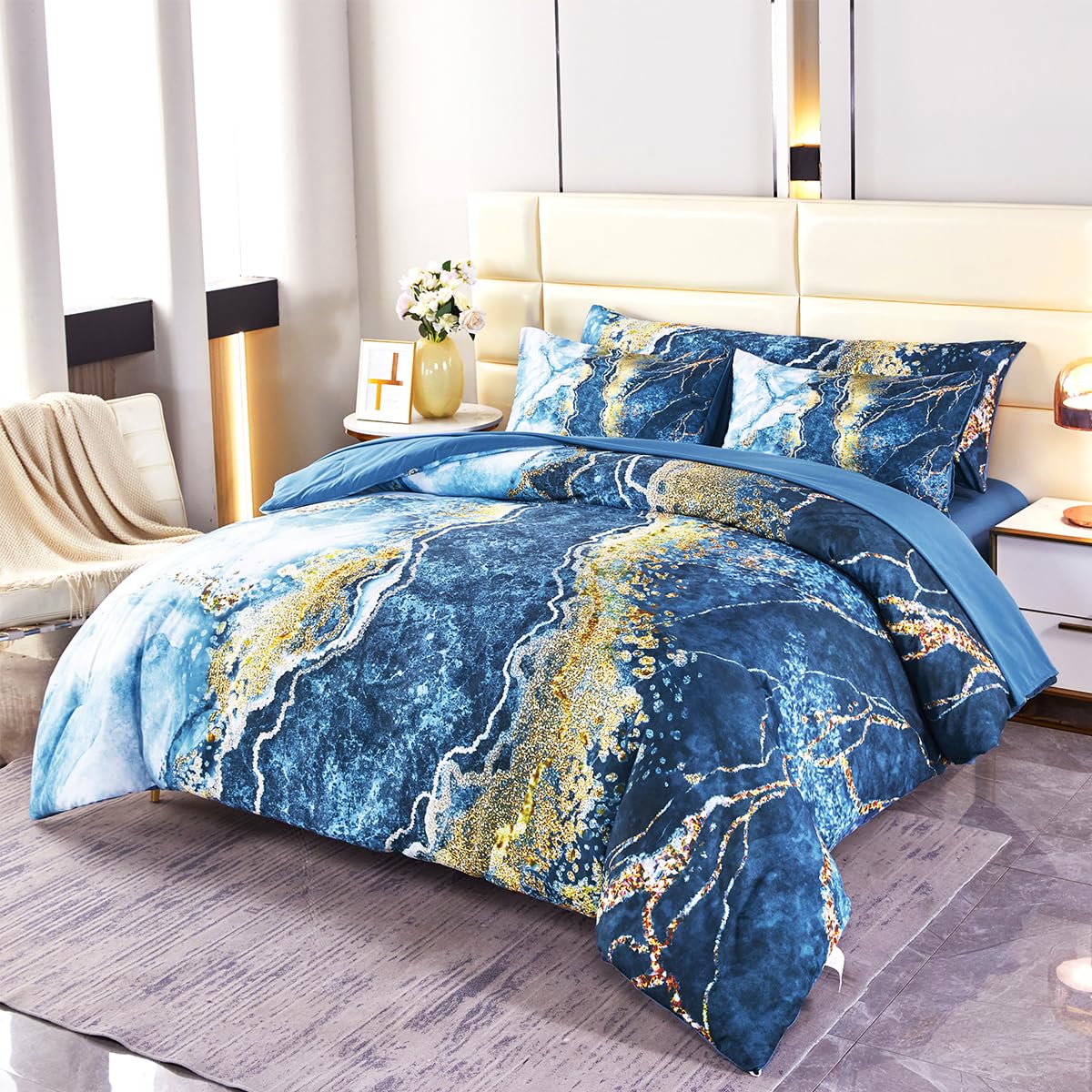 PERFEMET 6 Piece Teal King Size Comforter Set Watercolor Marble Bedding Set