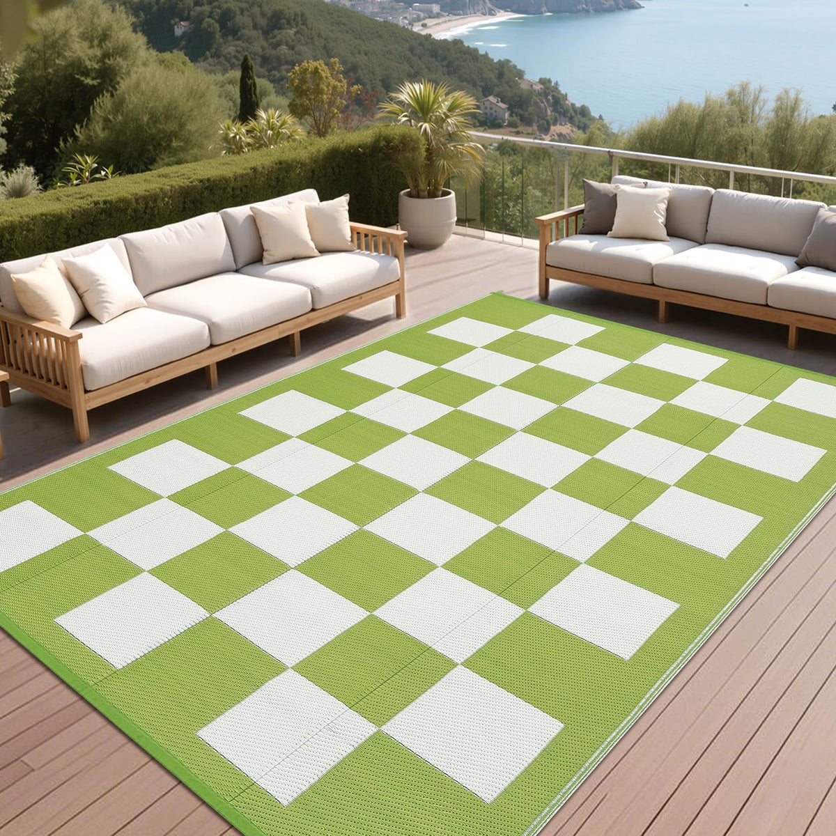 9 * 18ft Checkerboard Outdoor Rug, Reversible Woven Plastic Straw Patio Mat, Portable Floor Mat, Checkered Camping Carpet with Corner Loops for RV, Deck, Picnic, Balcony, Green & White