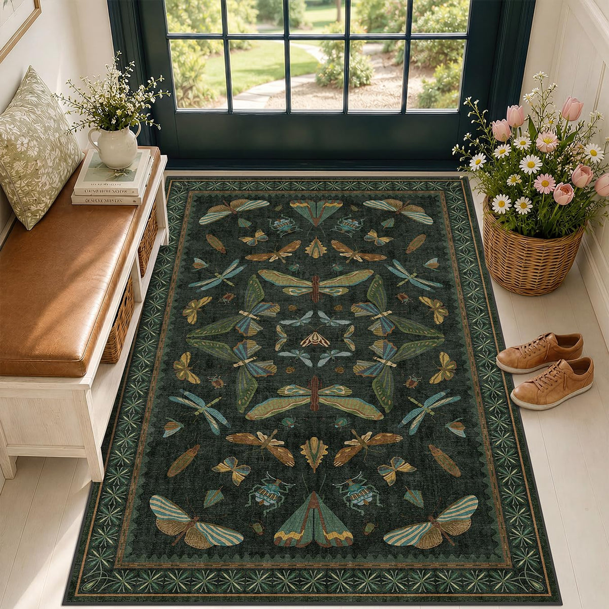 Hazo Haus Dark Green Insect Area Rugs 8x10 for Living Room, Dining Room Under Table, Bedroom, Unique Washable Floral Non Slip Low Pile Soft Rug