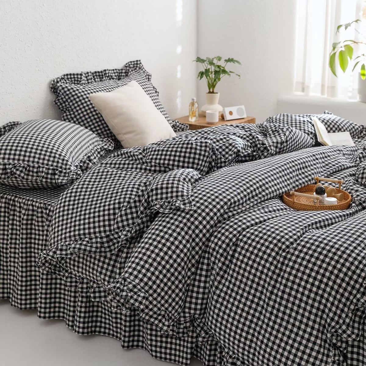 mixinni Vintage Buffalo Plaid Duvet Cover Set Queen Size - 3 Piece Washed Cotton Bedding Set with Grid Pattern, Soft & Breathable Duvet Cover with Pillowcases for All Seasons,(Brown & Blue,Beige)