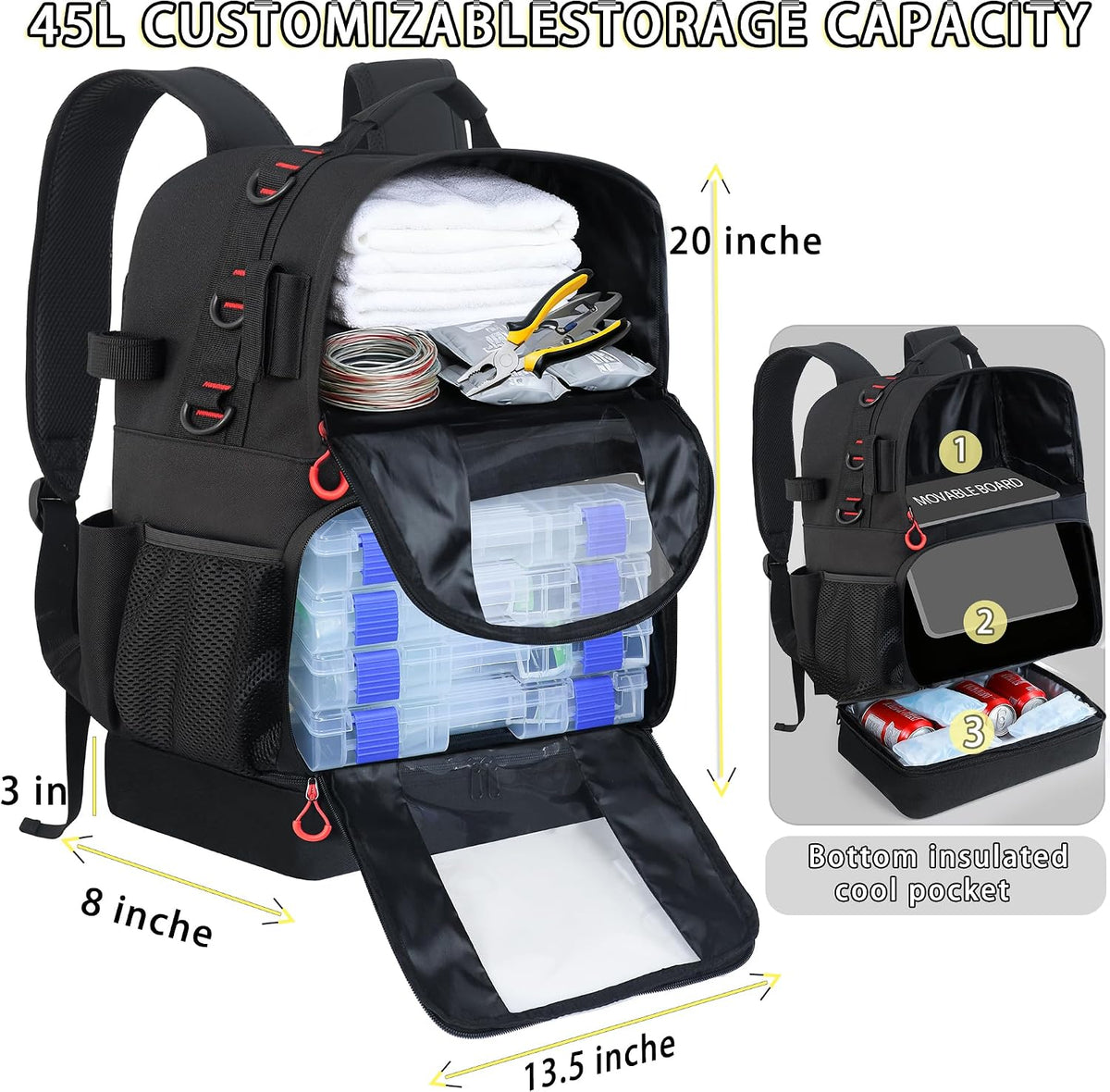 Fishing Tackle Backpack with Cooler,45L Large Tackle Bag with 2 Rod Holders & Clear Window,Outdoor Fishing Backpack for Fishing,Camping,Hiking,Black
