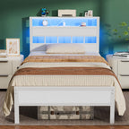 Furnulem Full Size Bed Frame, Storage Headboard, LED & Charger, Black Oak