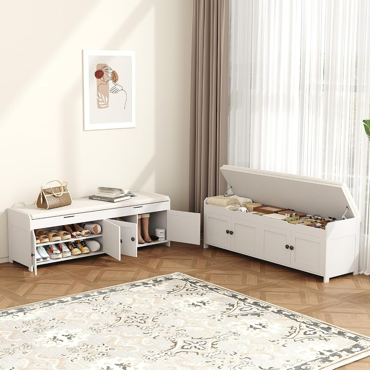 HOMEFORT 54.4" Shoe Bench with Lift Top Storage, Entryway Bench with Cushioned Seat, Wooden End of Bed Bench, Shoe Cabinet Bench with Hidden Storage Space, for Bedroom, Hallway,White