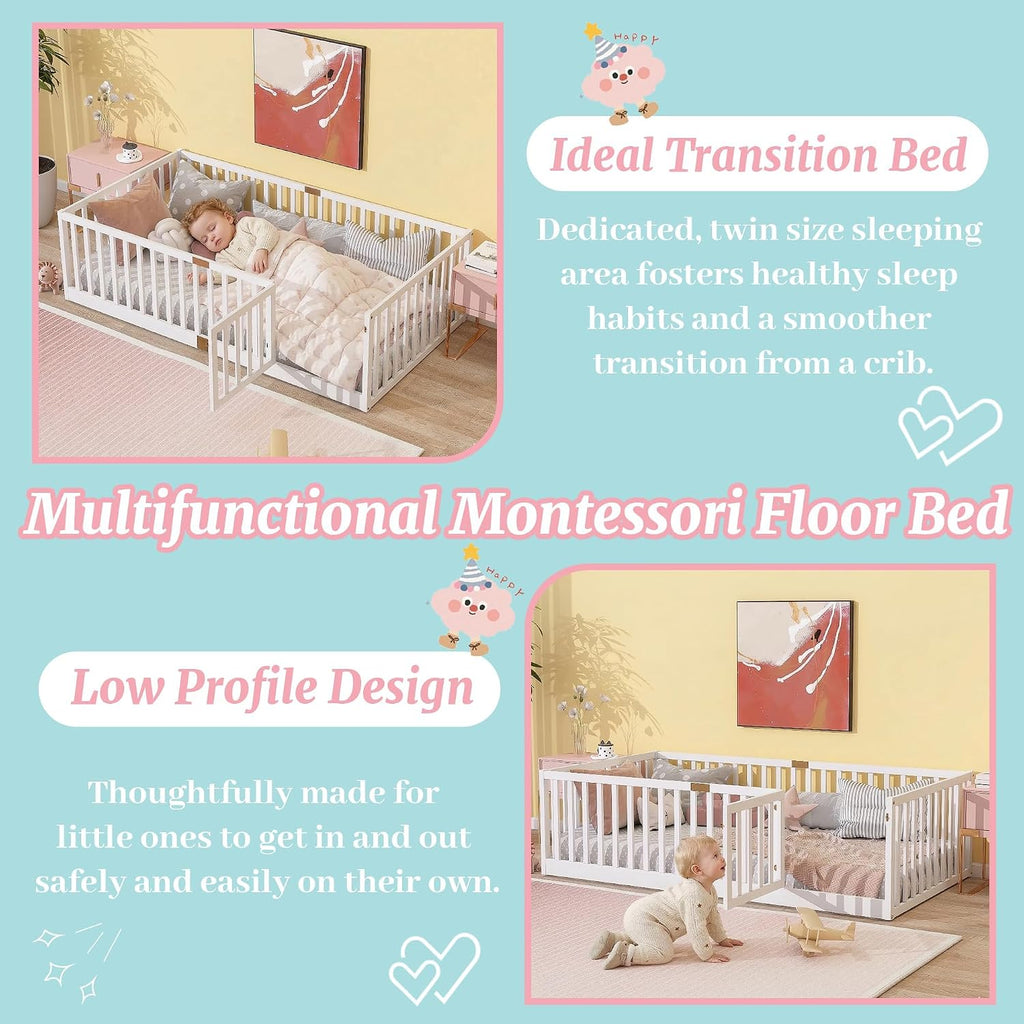Twin Montessori Floor Bed with High Rails, Door & Slats for Kids, White