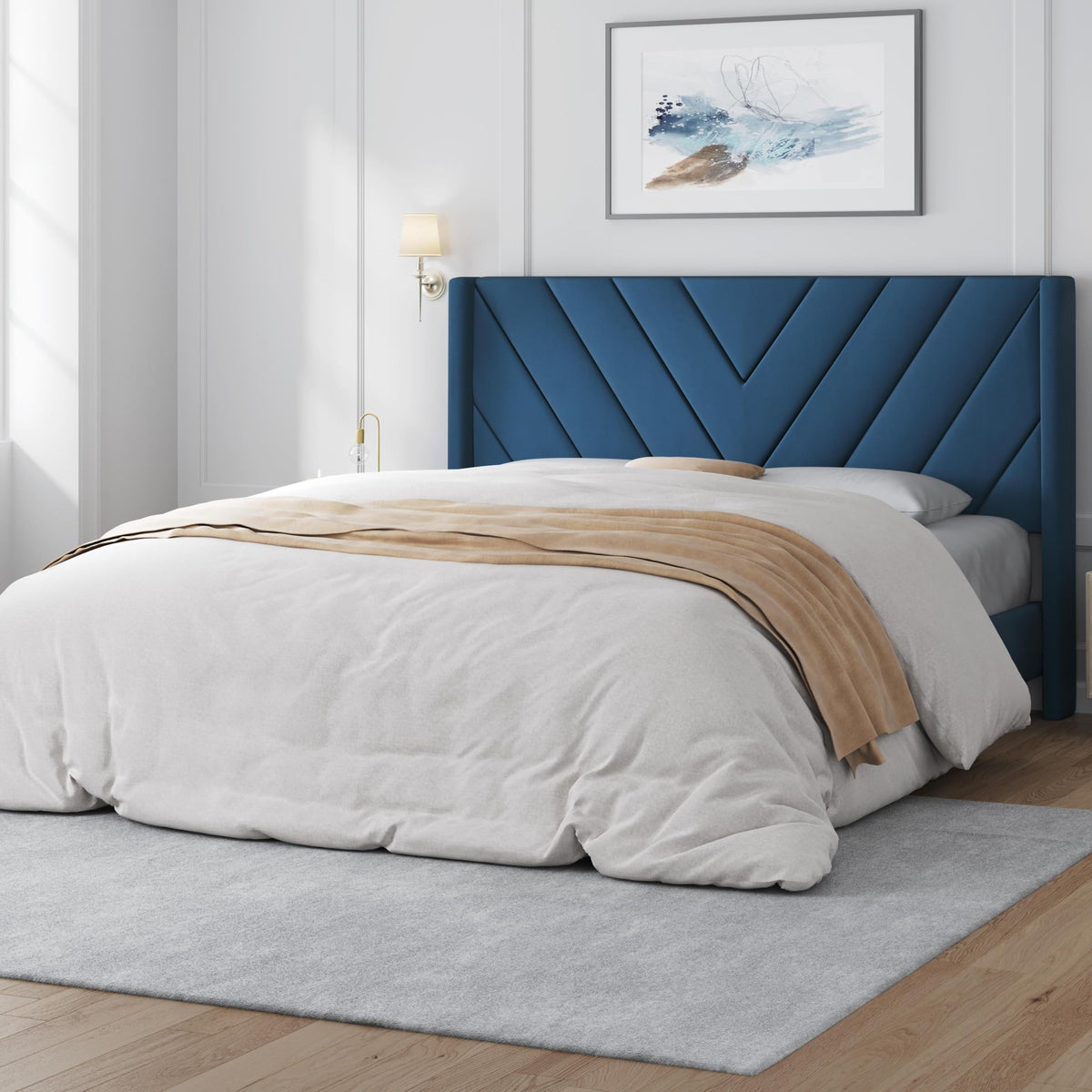 Yaheetech Queen Bed Frame with Chevron Channel-Tufted Headboard, Beige