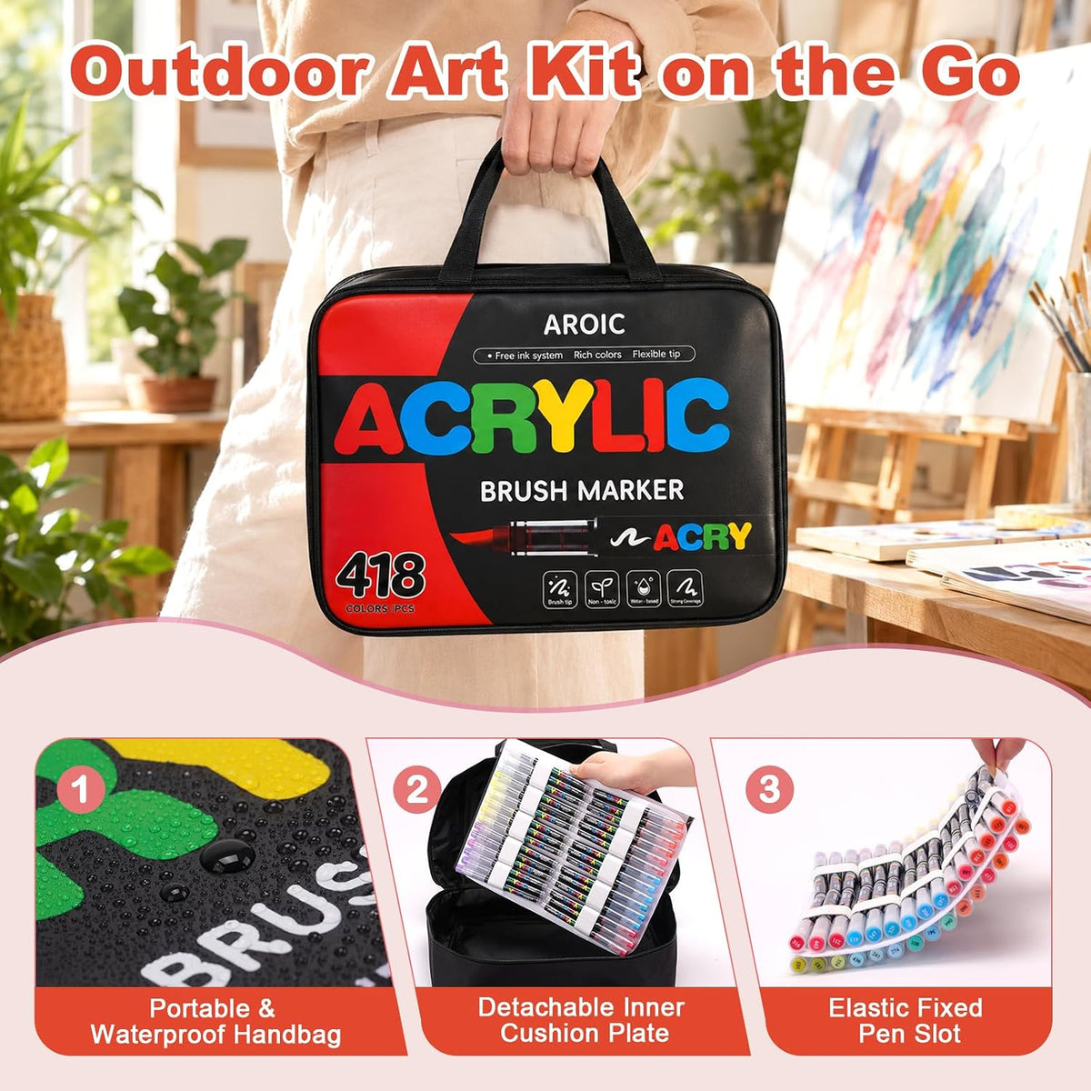 AROIC 418 Acrylic Paint Markers, Professional Brush Tip Acrylic Paint Pens