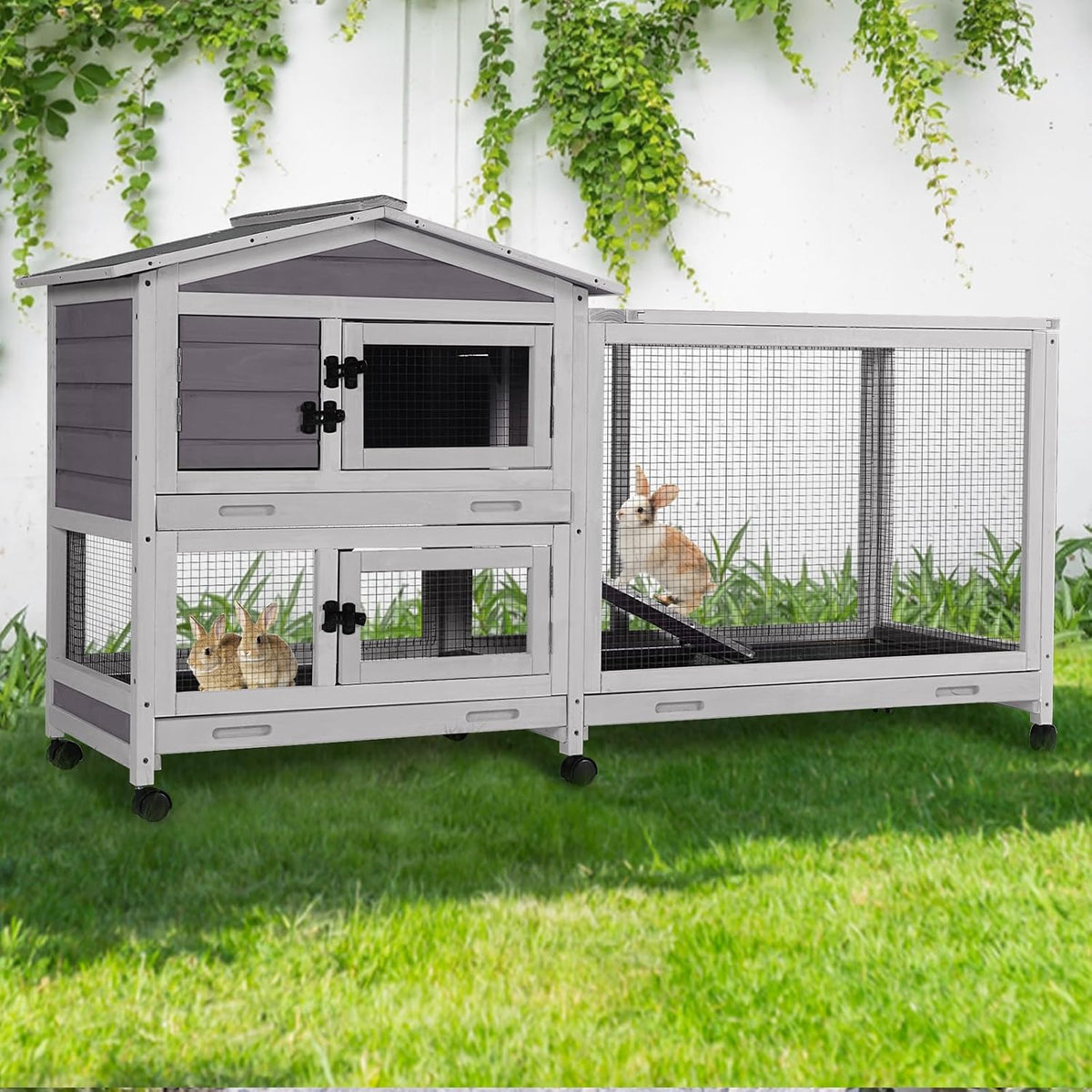 GUTINNEEN Large Rabbit Hutch Indoor with Chew-Proof Ramp, 62" L Wooden Rabbit Cage with 6 Casters, Bunny Cage with 2 Trays and 2 Story for Small to Medium Animals (Grey)