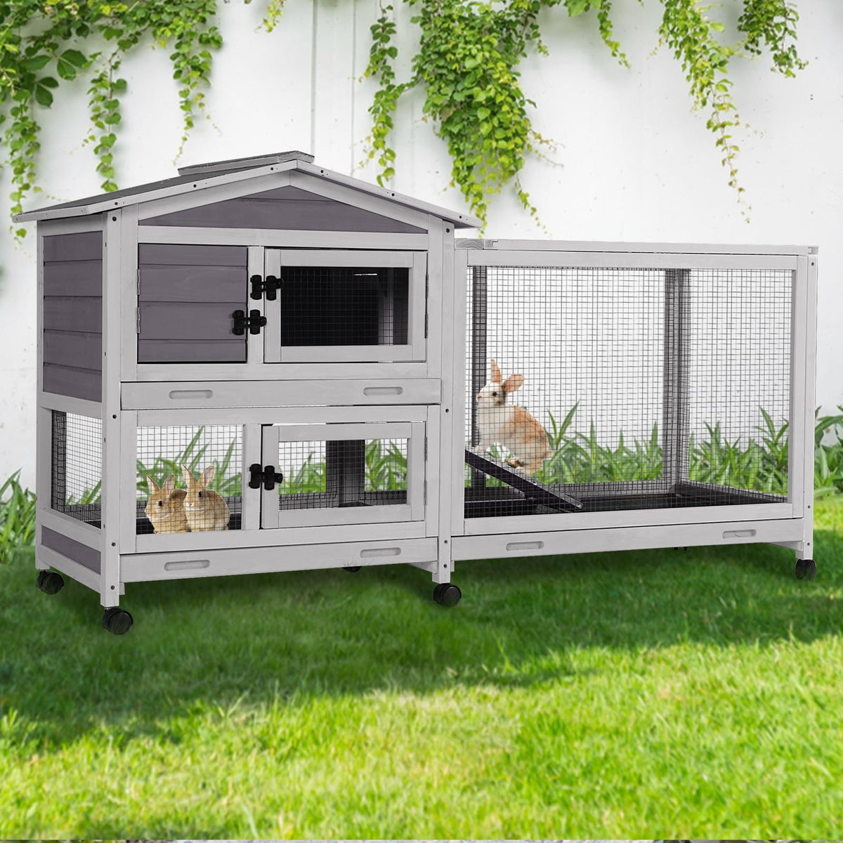 GUTINNEEN Large Rabbit Hutch Indoor with Chew-Proof Ramp, 62" L Wooden Rabbit Cage with 6 Casters, Bunny Cage with 2 Trays and 2 Story for Small to Medium Animals (Grey)