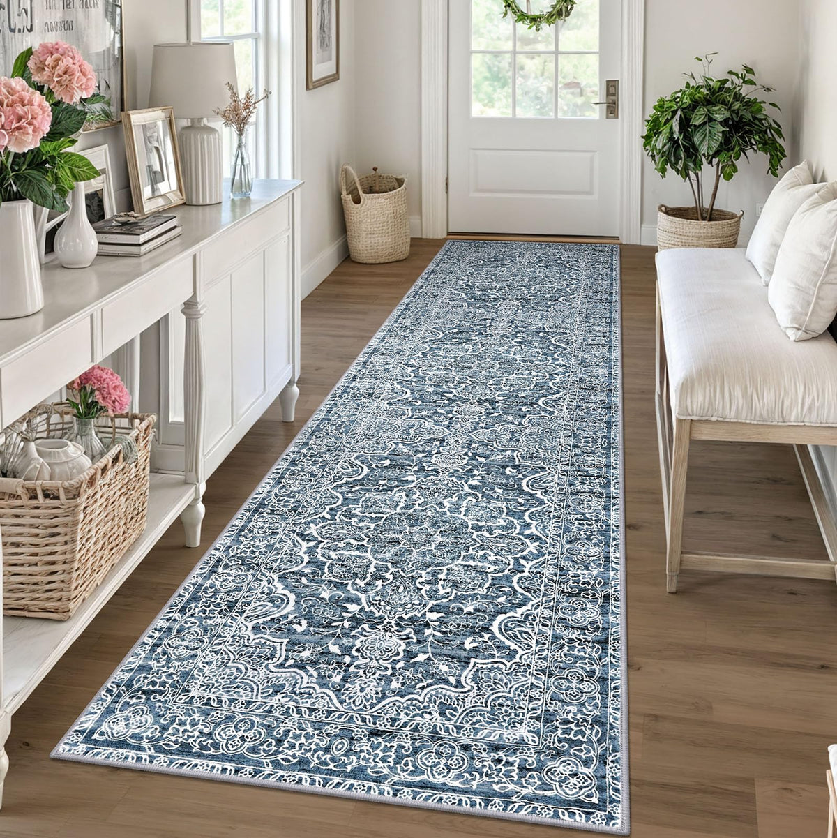 KUTA Vintage Extra Long Runners for Hallways 2.6x18ft Washable Blue White