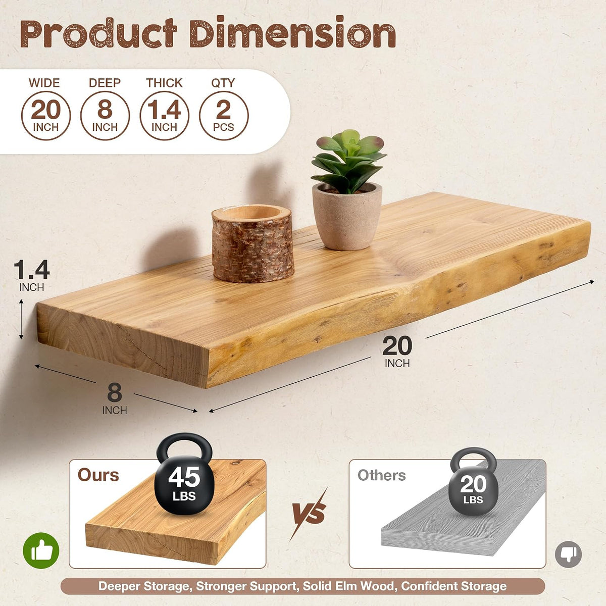 fuqing Live Edge Floating Shelves for Wall, 20 Inch Solid Elm Wood Shelves