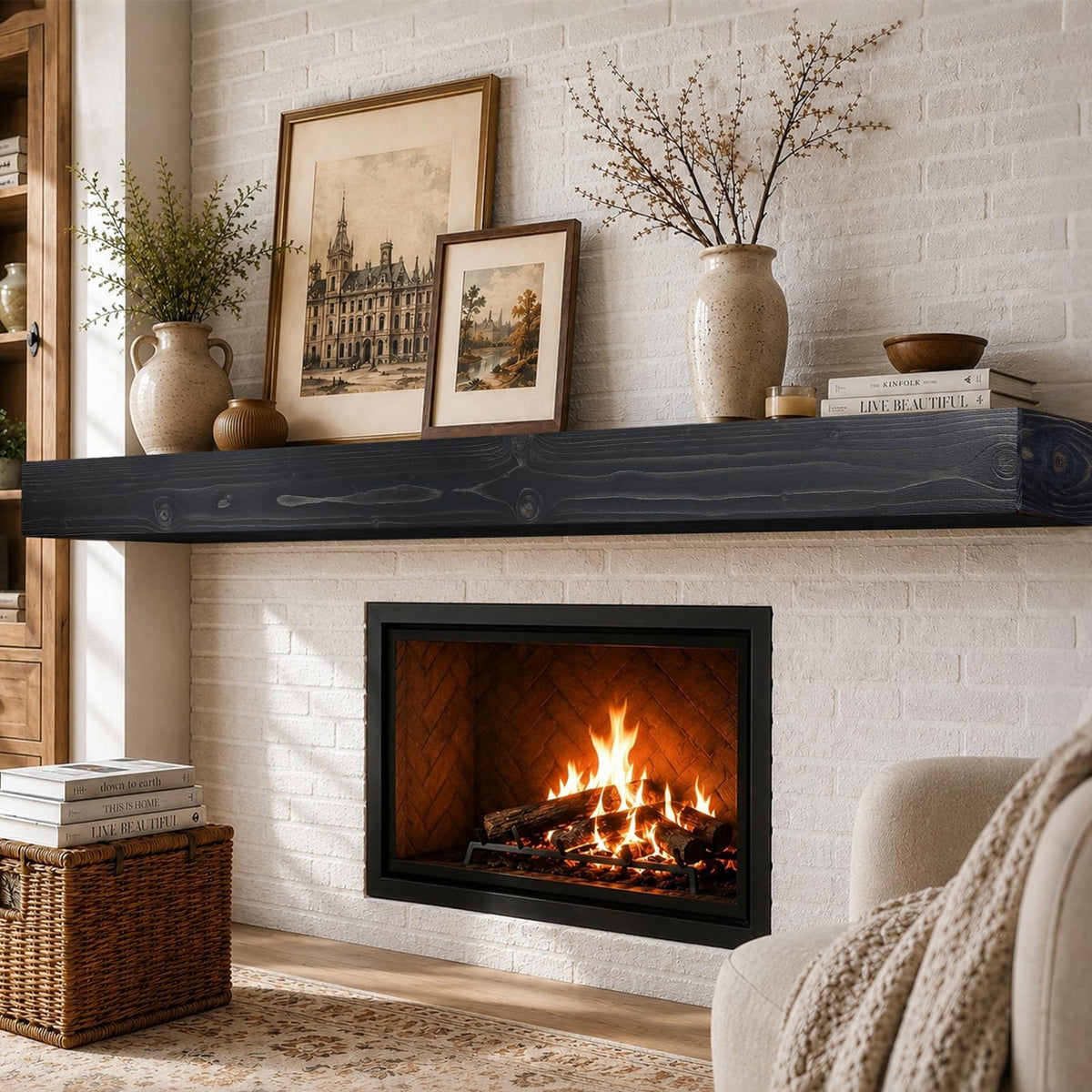 60x8x3in Rustic Fireplace Mantel Pine Wood, Weathered Brown