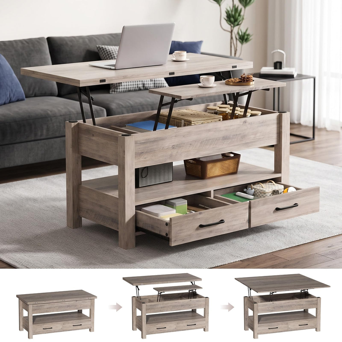 DUMOS 39.4" Convertible Lift Top Coffee Table, 4 in 1 Multifunctional Table