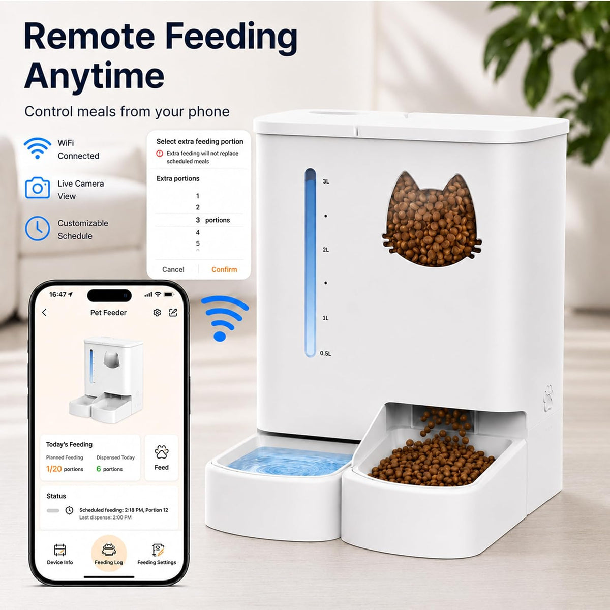 Waithem Automatic Cat Feeder with Camera, 5GHz/2.4GHz WiFi Smart Pet Food Dispenser with HD Night Vision, App Remote Control, 2-in-1 Food and Water Station, Detachable for Cleaning (Ice White)