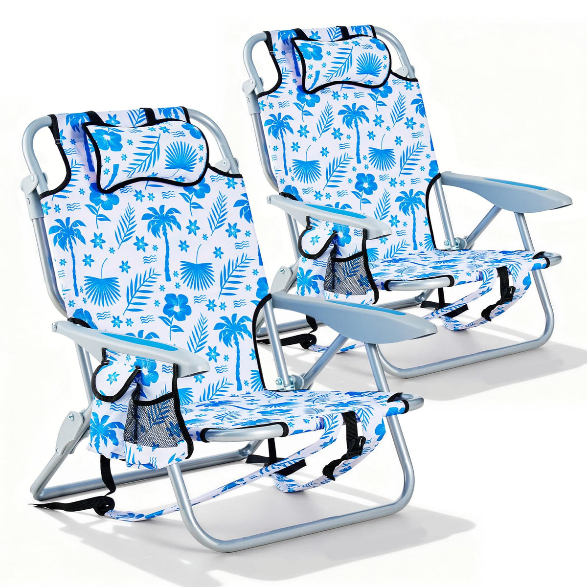 2 Pack Lightweight Portable Camping Beach Chair for Adults, Outdoor Lay Flat Folding Beach Chairs with 5 Positions, Backpack Beach Chair with Towel Bar, Zipper Pouch, Cup Holder, NEW Striped