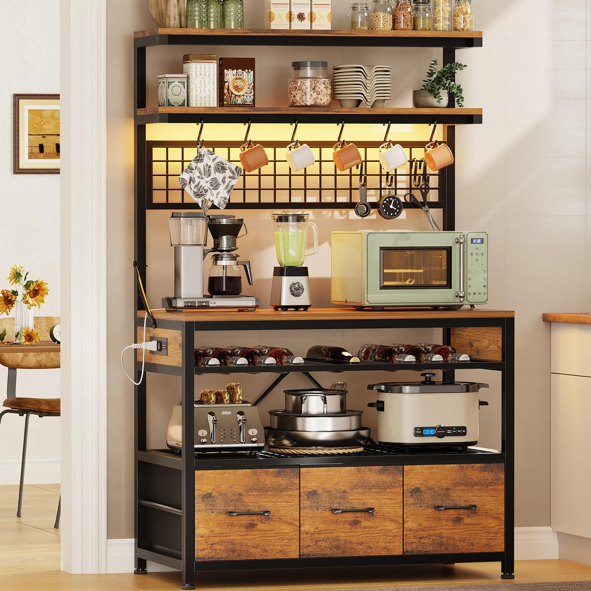 Itaar Bakers Rack with Storage and Power Outlet, 35.4 inch Coffee Bar Cabinet, Microwave Stand Kitchen Cabinet with Hutch, LED Lights, Wine Rack and Hooks, Rustic Brown
