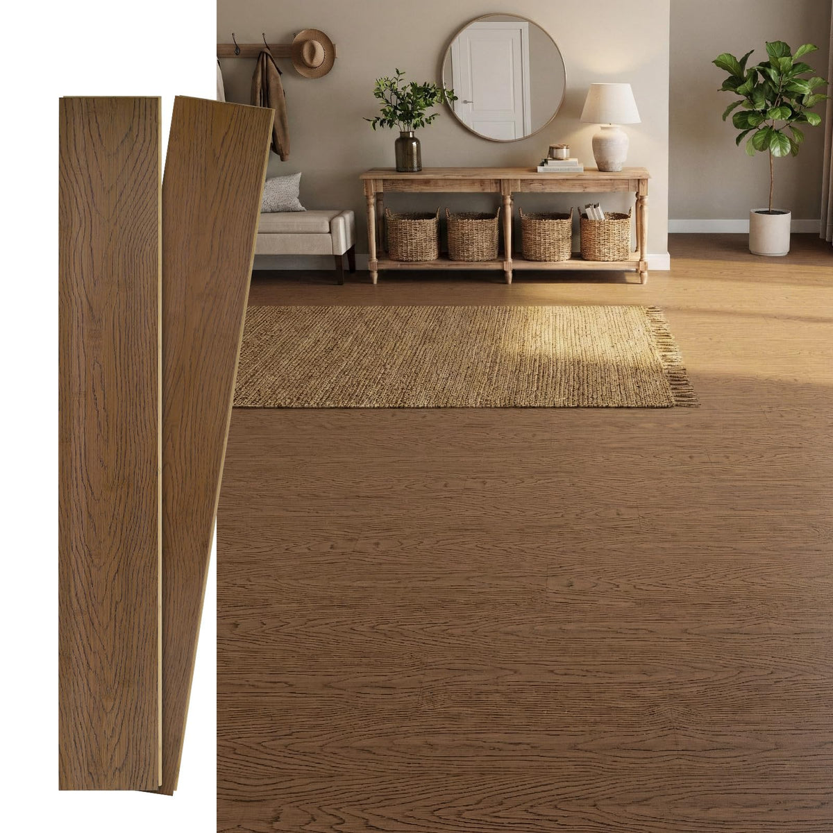 Solid Bamboo Flooring, 40.15" L x 5.11" W x 0.6" T, Warm Brown Oak Grain, Tongue & Groove Waterproof Planks, 14 Planks (Covers 20 Sq Ft)