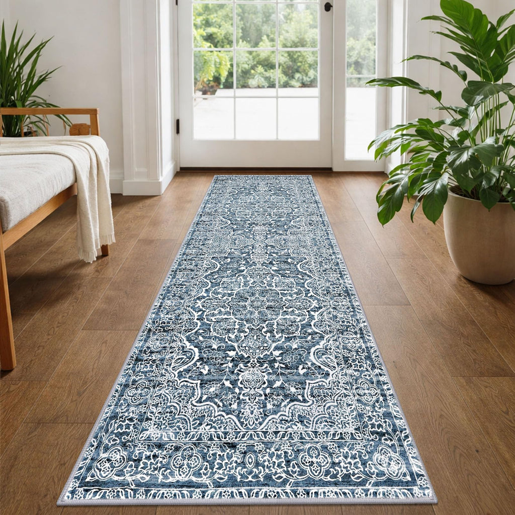 KUTA Vintage Extra Long Runners for Hallways 2.6x18ft Washable Blue White